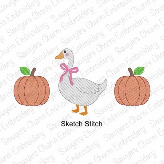 Embroidery design of a goose with pumpkins on a white background with 'Sauyer's Embroidery' watermark.