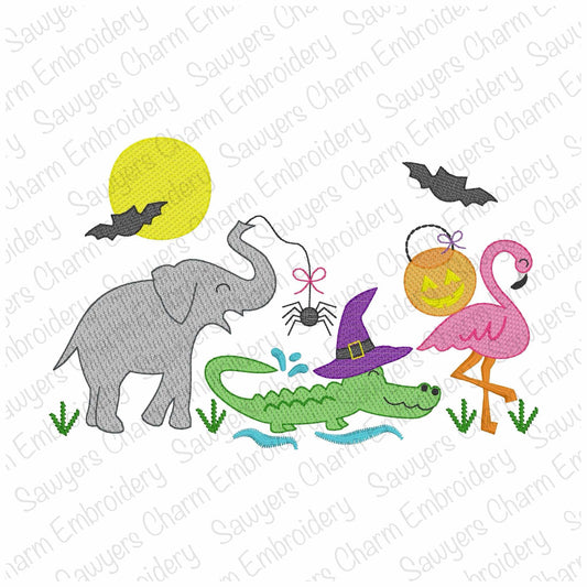 Halloween-themed design with elephant, crocodile, flamingo, and pumpkins on a white background.