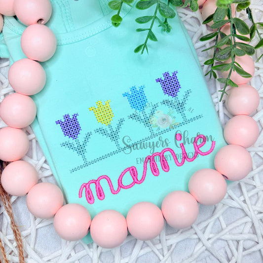 Row of tulips cross stitch machine embroidery design file, quick stitch, spring flowers