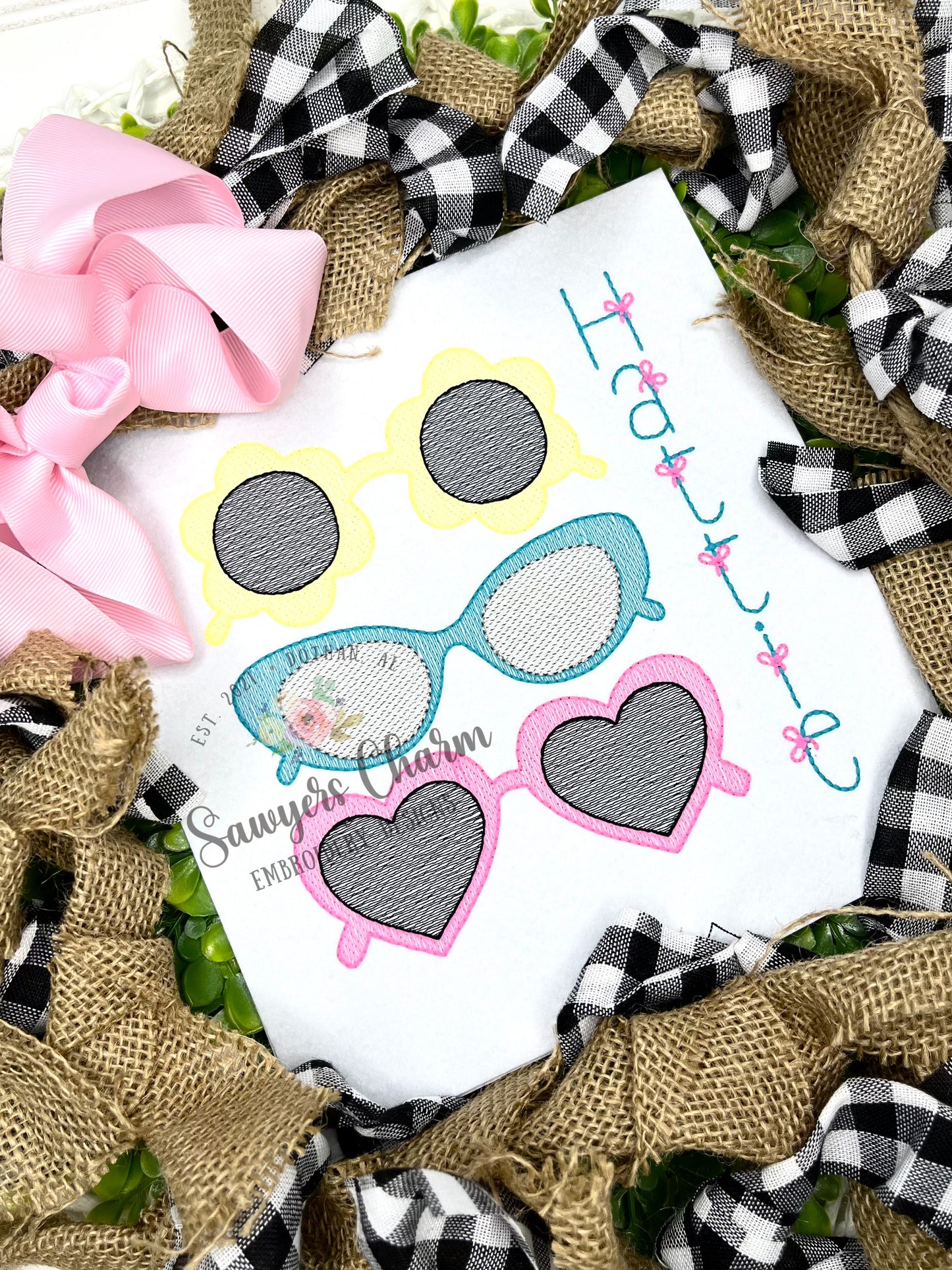 Sunglasses trio sketch stitch machine embroidery design, Retro summer sunnies/shades