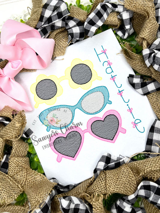 Sunglasses trio sketch stitch machine embroidery design, Retro summer sunnies/shades