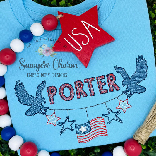 Patriotic Eagle bunting banner sketch stitch machine embroidery design, American flag, stars and stripes