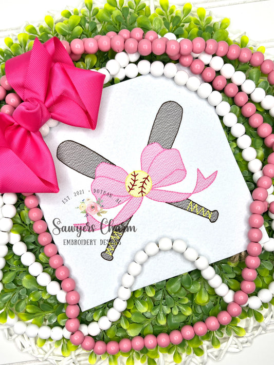 Baseball bats with coquette bow sketch stitch machine embroidery design, softball, ballgame sports, cheer