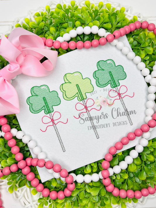 BUNDLE Shamrocks lollipop suckers trio sketch stitch trio machine embroidery design, St. Patrick's Day, with/without coquette bows