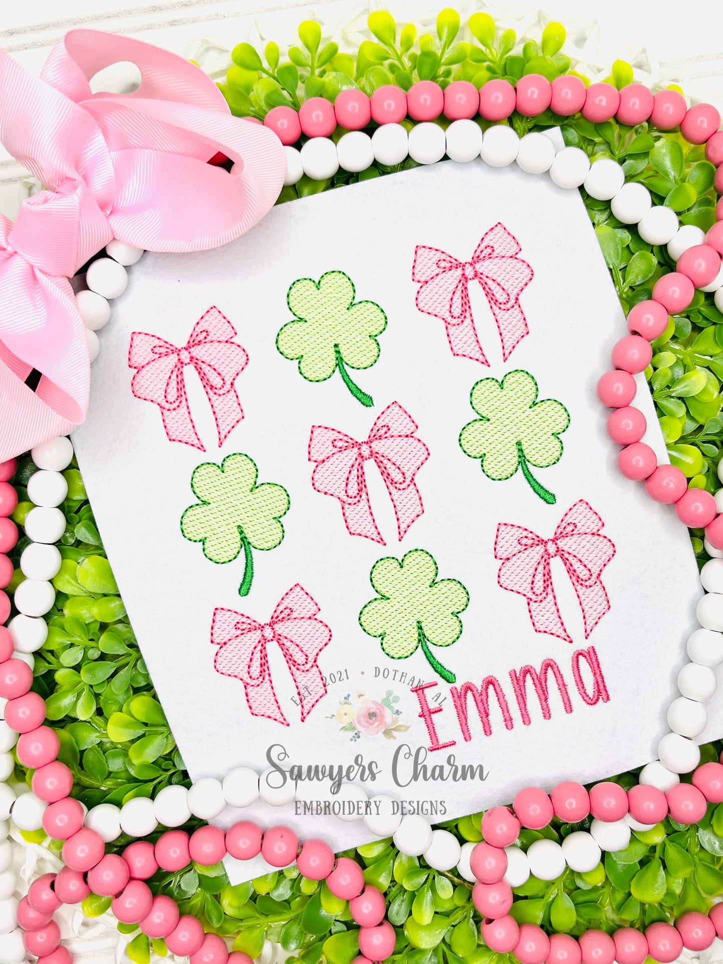 Coquette bows shamrocks grid, sketch stitch machine embroidery design, St. Patrick's Day, good luck charm, large sizes
