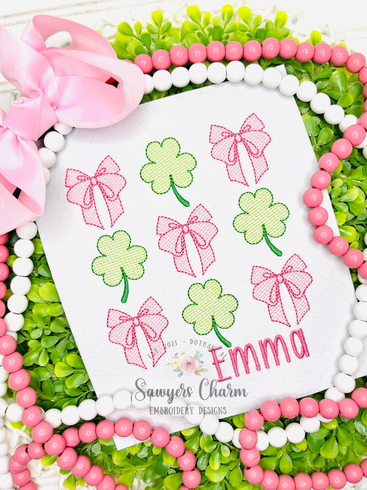 Coquette bows shamrocks grid, sketch stitch machine embroidery design, St. Patrick's Day, good luck charm, large sizes