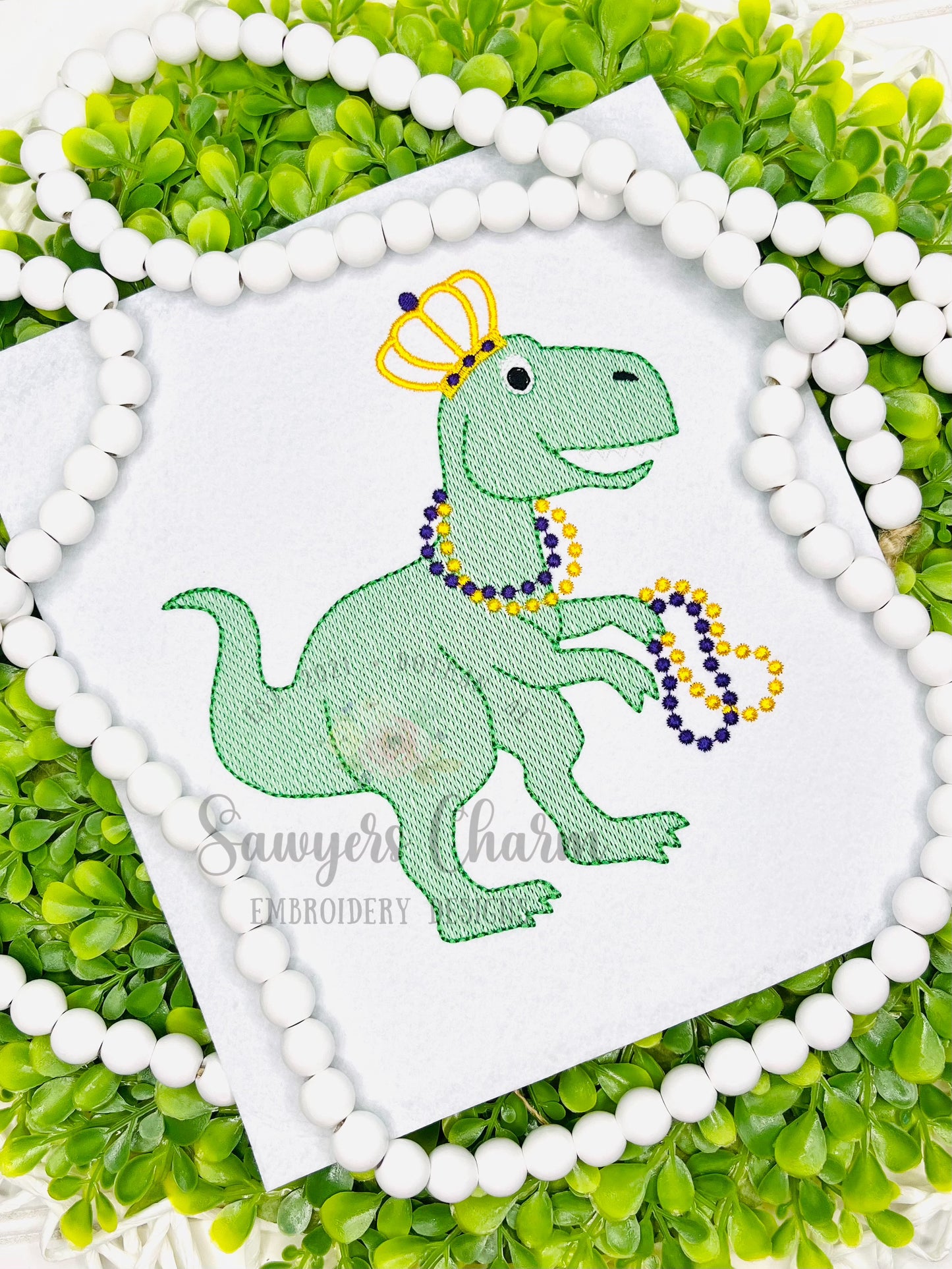 Mardi Gras T-Rex sketch stitch machine embroidery design, tyrannosaurus rex dinosaur with beads & crown