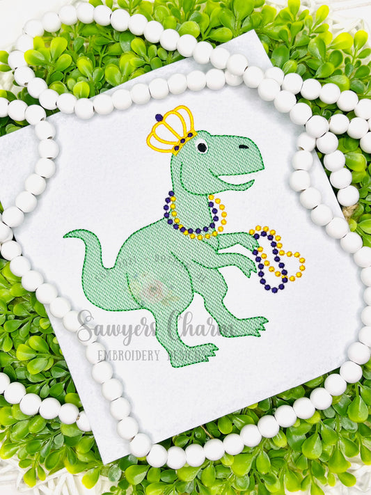 Mardi Gras T-Rex sketch stitch machine embroidery design, tyrannosaurus rex dinosaur with beads & crown