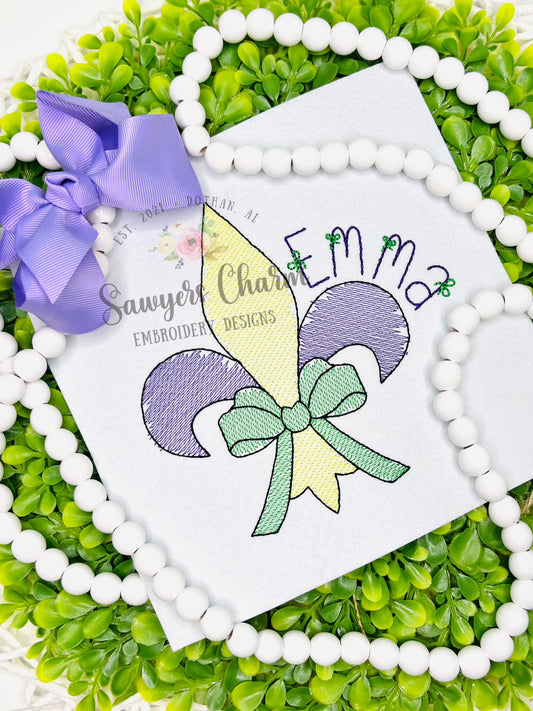 Mardi gras fleur de lis "watercolor" sketch stitch machine embroidery design with coquette bow