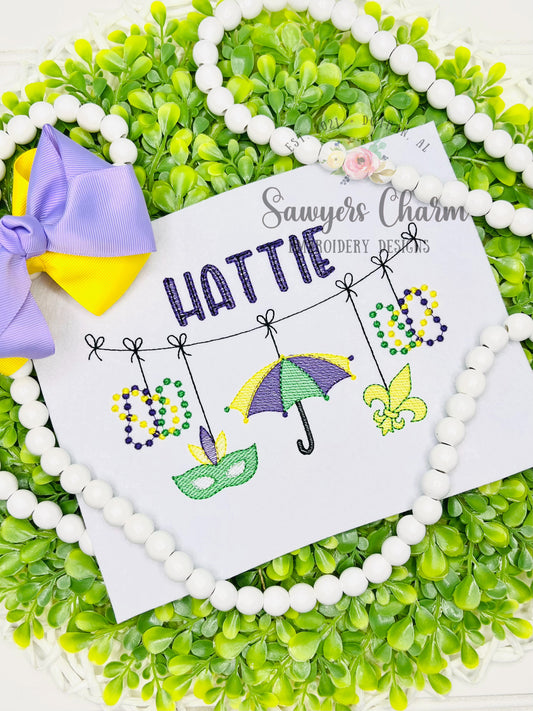 Mardi Gras bunting banner sketch stitch machine embroidery design, fleur de lis, beads, mask, umbrella, coquette bows