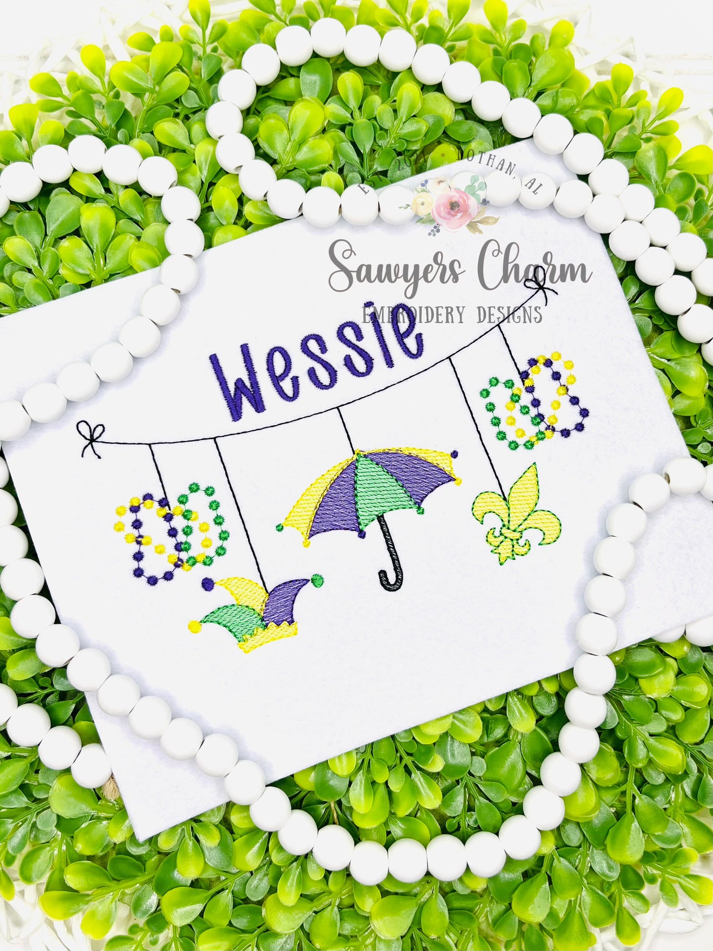 Mardi Gras bunting banner sketch stitch machine embroidery design, fleur de lis, beads, jester hat, umbrella