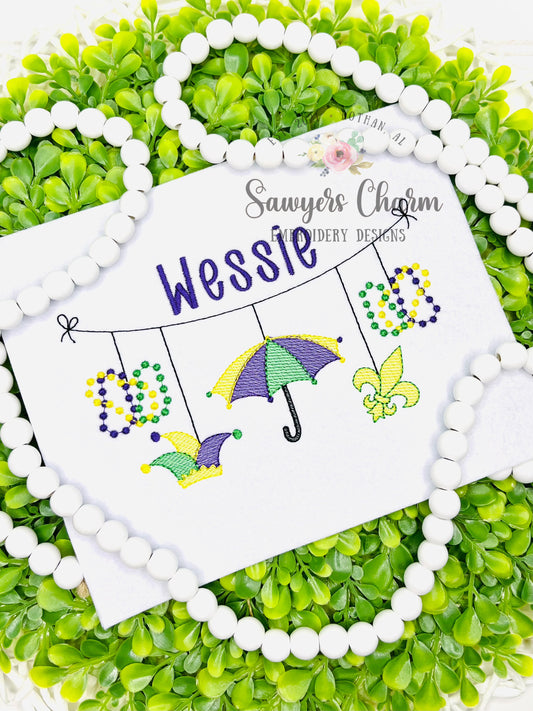 Mardi Gras bunting banner sketch stitch machine embroidery design, fleur de lis, beads, jester hat, umbrella