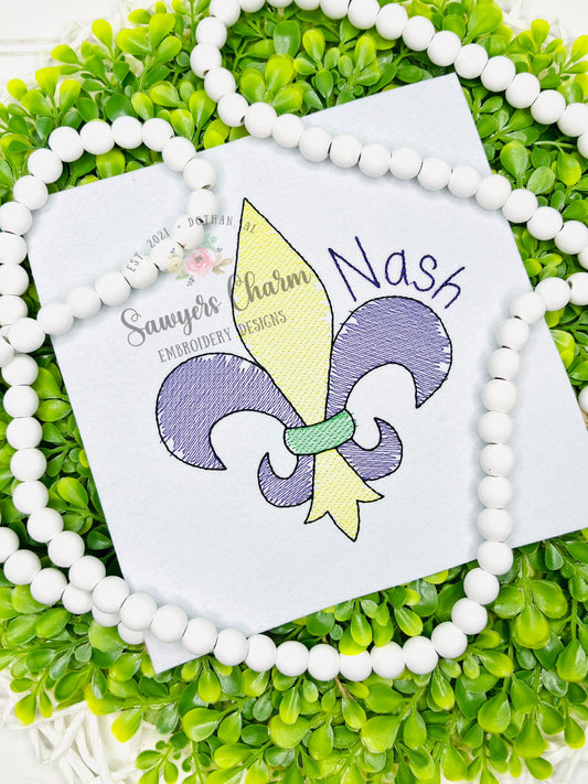 Mardi gras fleur de lis "watercolor" sketch stitch machine embroidery design
