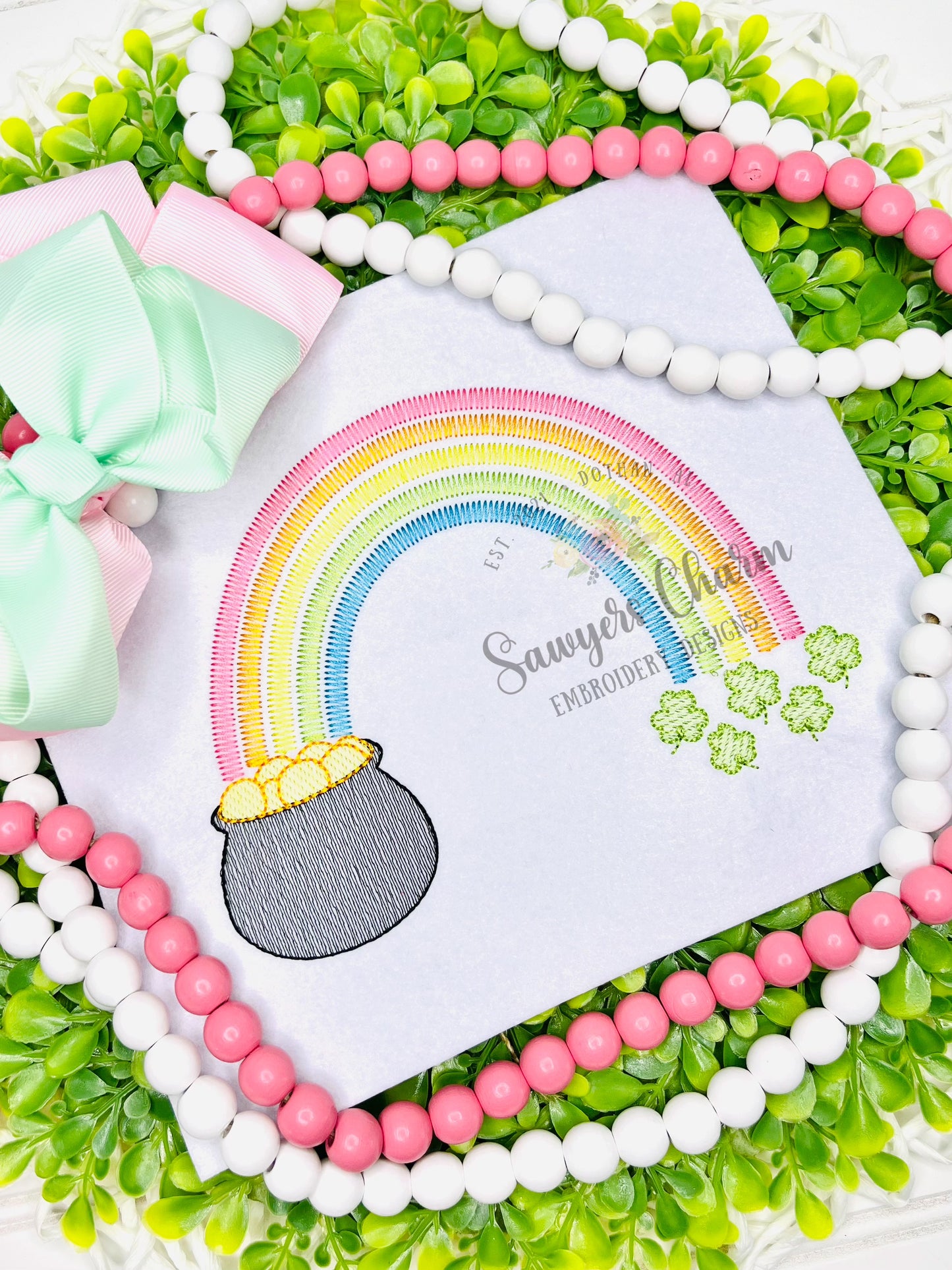 Pot of gold rainbow shamrocks/clovers sketch stitch machine embroidery design, St. Patrick's Day, good luck charm
