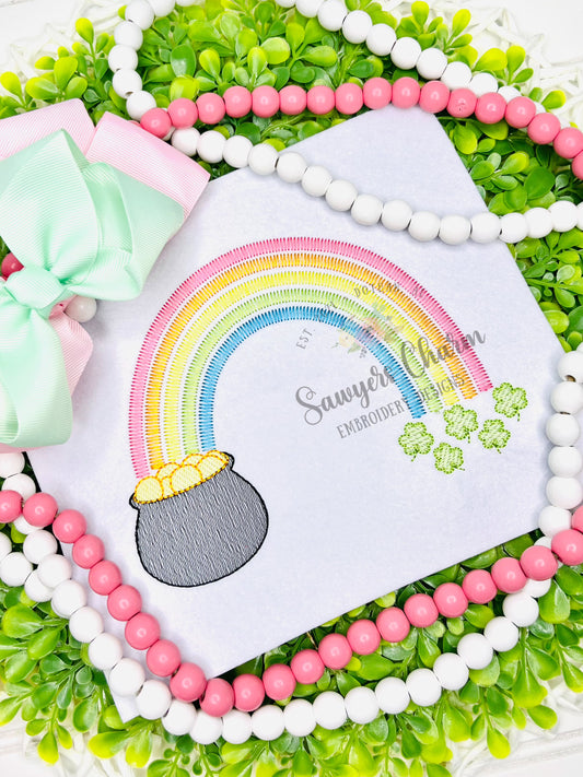 Pot of gold rainbow shamrocks/clovers sketch stitch machine embroidery design, St. Patrick's Day, good luck charm