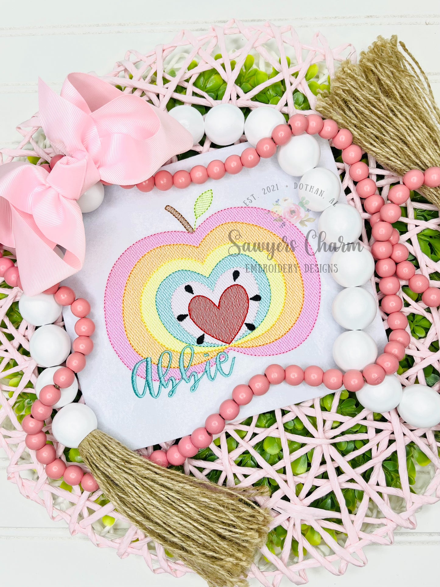 Rainbow apple with heart sketch stitch embroidery design, Back to School