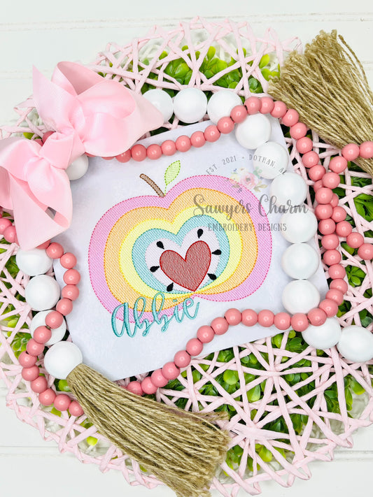 Rainbow apple with heart sketch stitch embroidery design, Back to School
