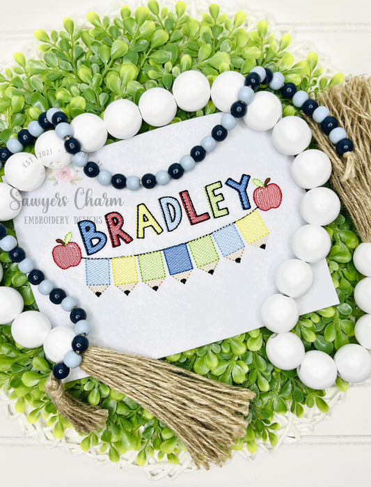 Pencils & apple bunting embroidery design, sketch stitch, bean stitch details, Back to School