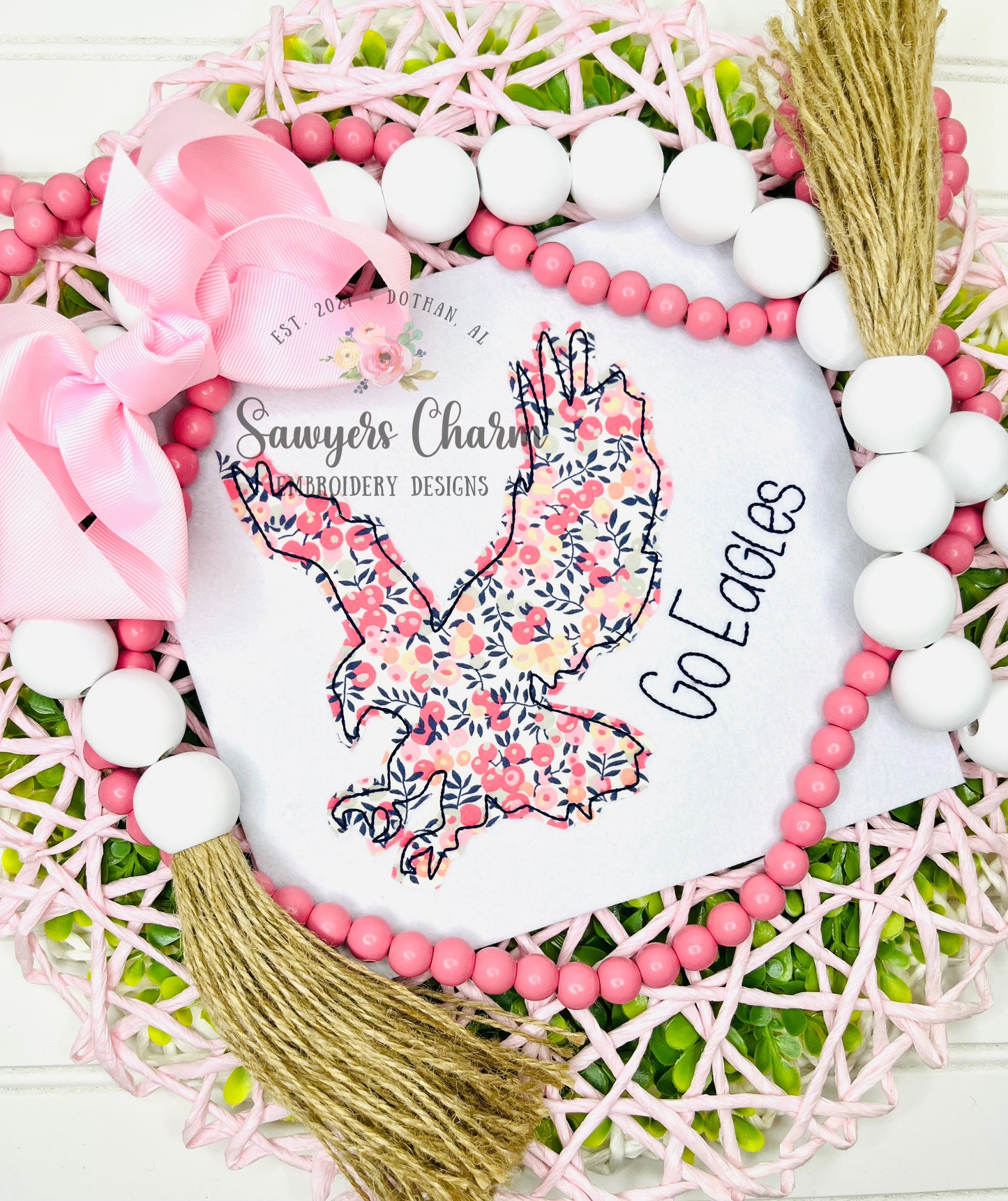 Flying Eagle silhouette bean stitch applique, embroidery design, college university mascot