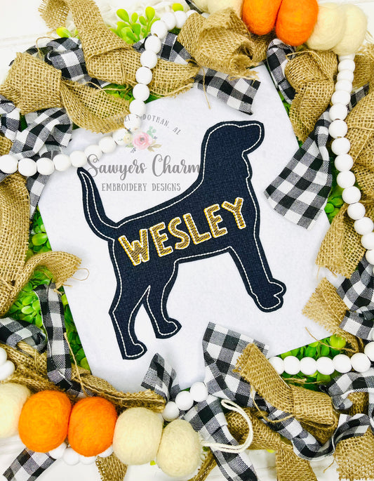 Hound dog silhouette bean stitch applique, embroidery design, college university mascot, hunting dog