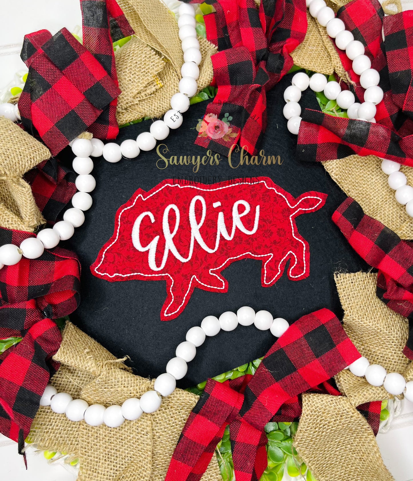 Razorback hog silhouette bean stitch applique, embroidery design, college university mascot