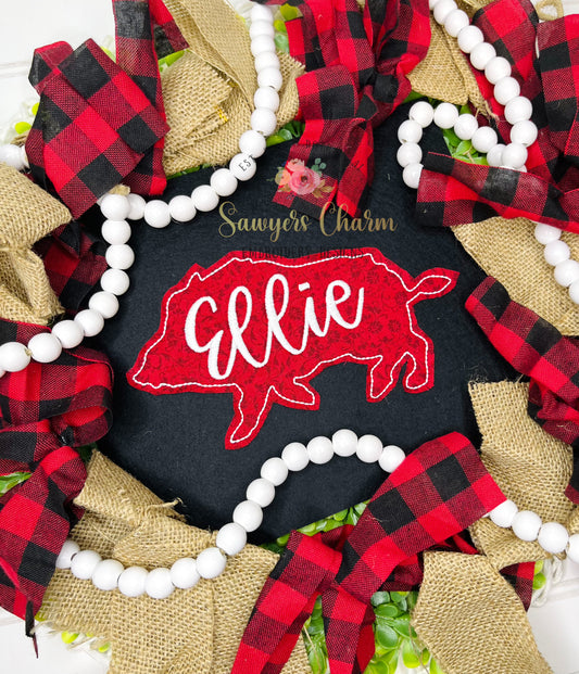 Razorback hog silhouette bean stitch applique, embroidery design, college university mascot