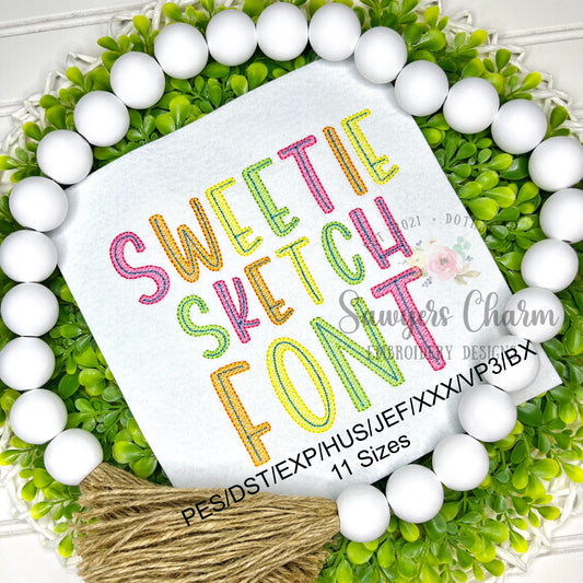 Sweetie Sketch machine embroidery font, bean stitch details, 11 sizes, BX included, numbers and punctuation, perfect for monograms, girl & boy, quick stitch