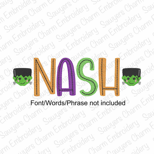 Personalized name design with cartoon characters on a white background with 'Sauger's Embroidery' watermark.