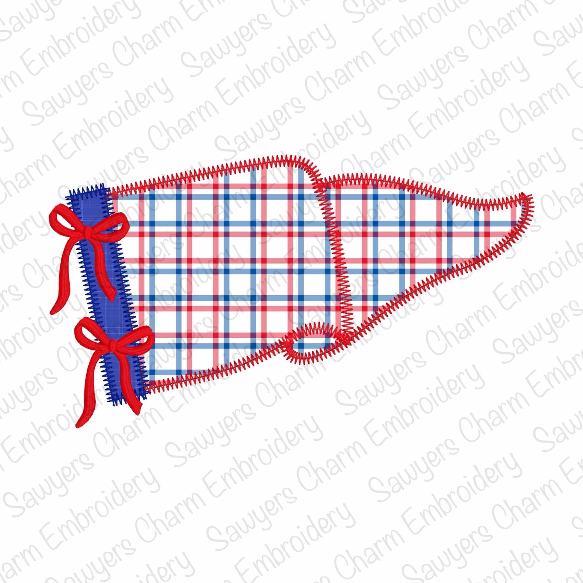 Embroidery design of a plaid pattern with red bows on a white background.