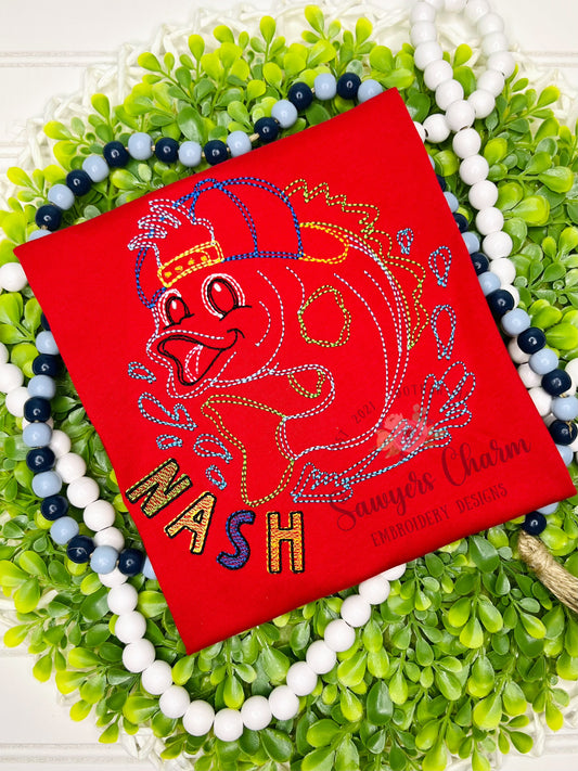 Bass fish squiggly bean stitch embroidery design, ballcap/hat, summer fishing, lots of sizes included