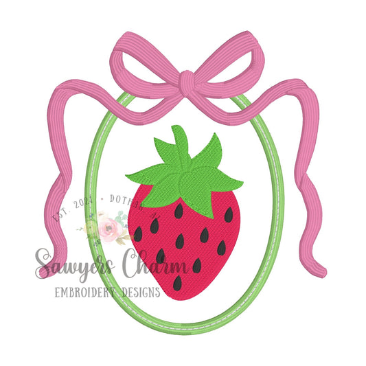 Coquette Bow strawberry oval frame, embroidery design, preppy trendy summer fruit, spring garden