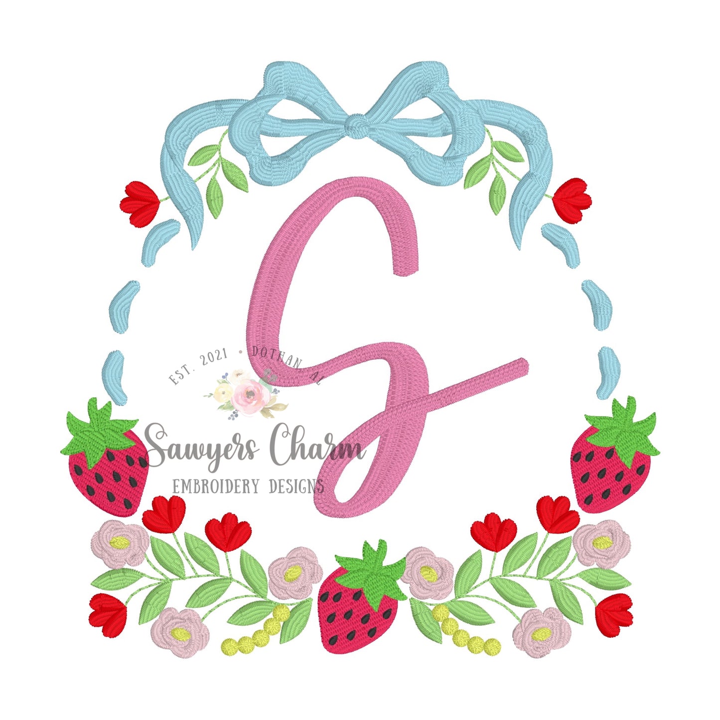 Coquette Bow Floral strawberry frame, embroidery design, Perfect for Monograms, summer fruit, spring garden
