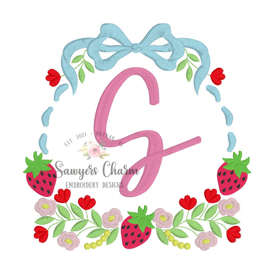 Coquette Bow Floral strawberry frame, embroidery design, Perfect for Monograms, summer fruit, spring garden