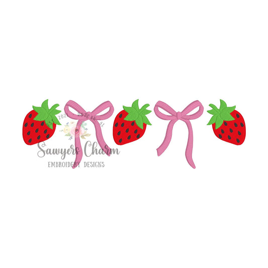 Coquette Bows strawberries in a row, embroidery design, summer fruit, spring garden, large sizes included