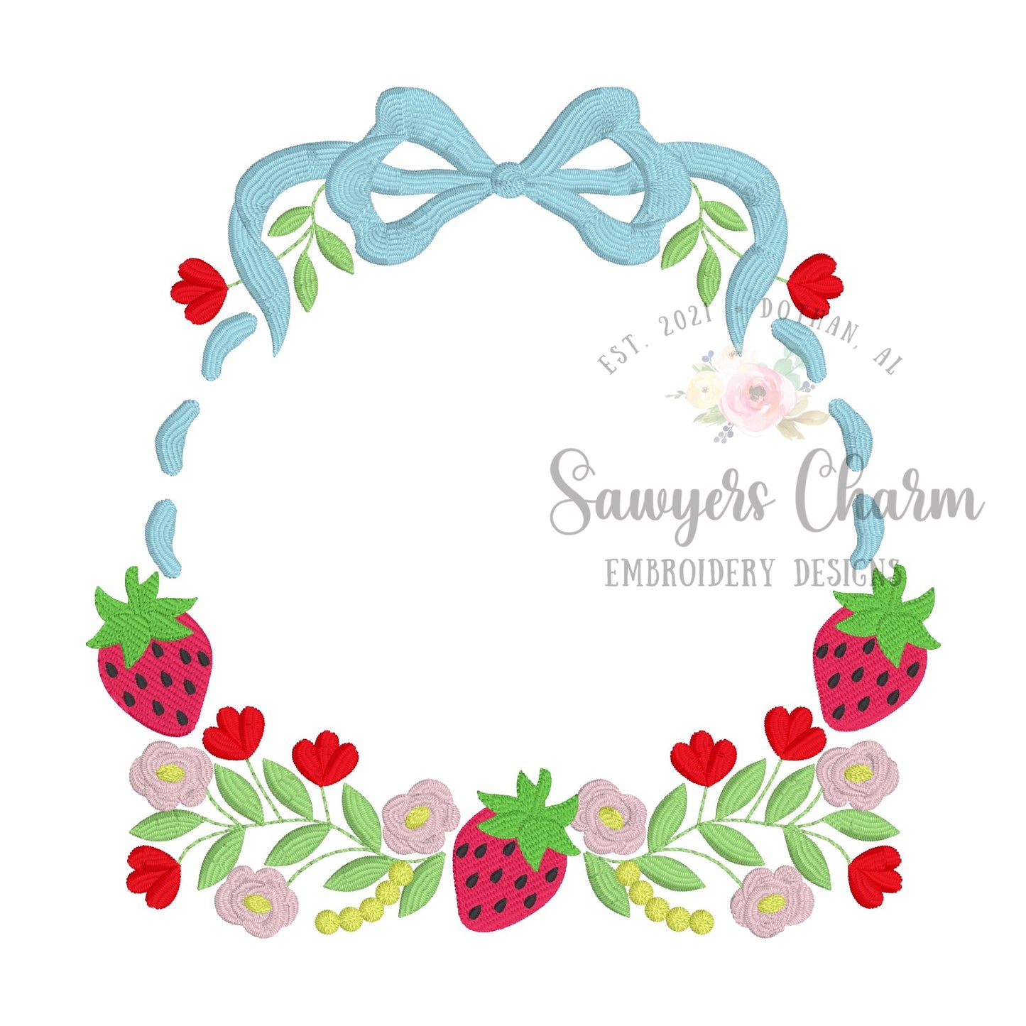 Coquette Bow Floral strawberry frame, embroidery design, Perfect for Monograms, summer fruit, spring garden