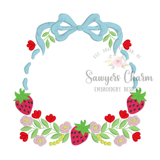 Coquette Bow Floral strawberry frame, embroidery design, Perfect for Monograms, summer fruit, spring garden