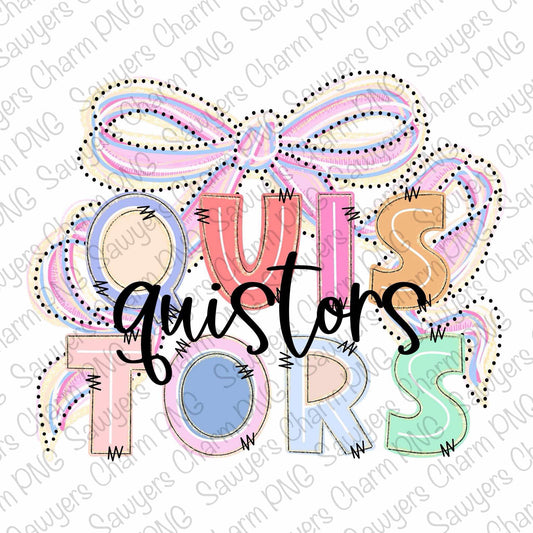 Colorful 'QUISTORS' text with decorative elements on a white background