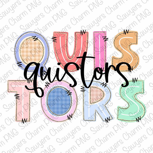 Colorful text 'QUISTORS' with decorative elements on a white background