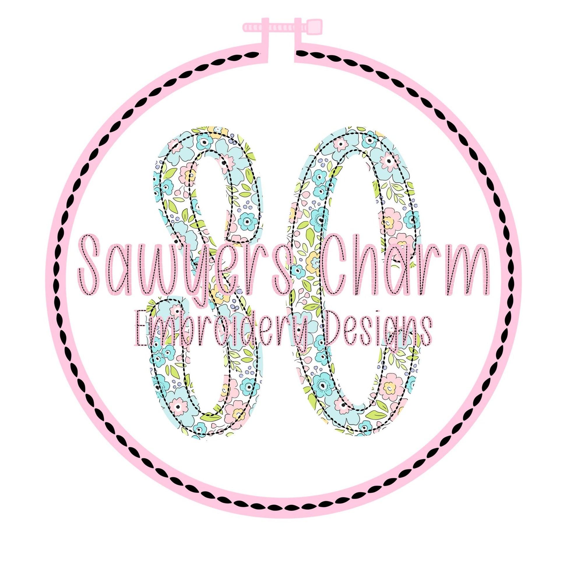 Logo for Sawyer's Charm Embroidery Designs with floral letter 'S' and 'C' on a white background.