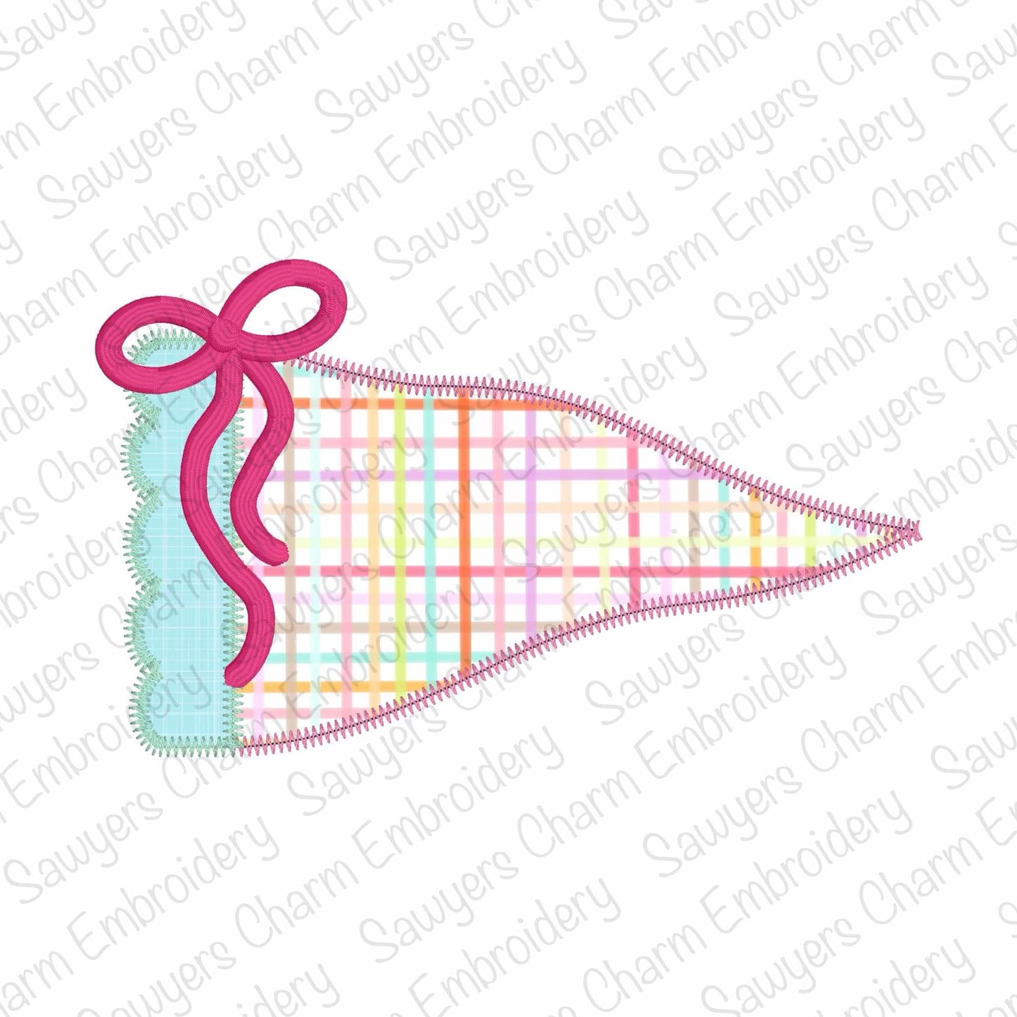 Colorful plaid banner with a pink bow on a white background with 'Sawyers Charm Embroidery' watermark.