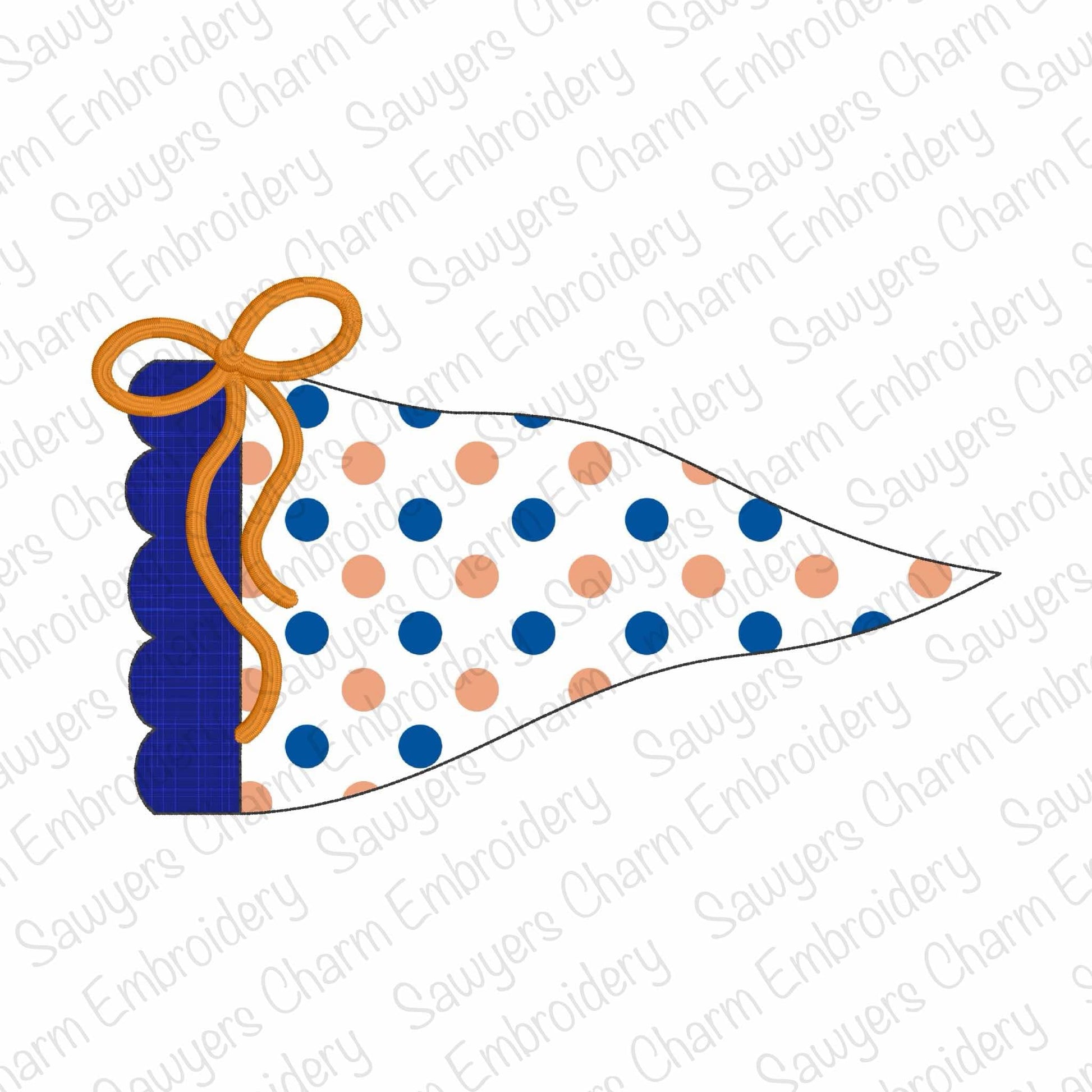 Polka dot pennant with orange bow on a white background with 'Sawyers Charm Embroidery' watermark.