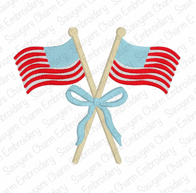Crossed American flags with coquette bow, satin stitch machine embroidery design file, quick stitch, 4th of July, patriotic, stars & stripes