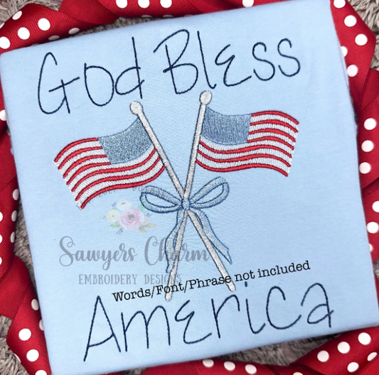 Crossed American flags with coquette bow, satin stitch machine embroidery design file, quick stitch, 4th of July, patriotic, stars & stripes