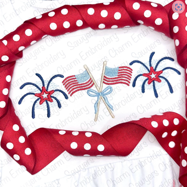 Crossed American flags with coquette bow & fireworks trio satin stitch machine embroidery design, 4th of July, patriotic, stars/stripes