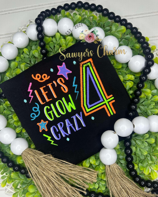 Let's Glow Crazy Birthday Number 4 (four) machine embroidery design, satin stitch, retro, stars/lightning bolts, glow party, fourth birthday