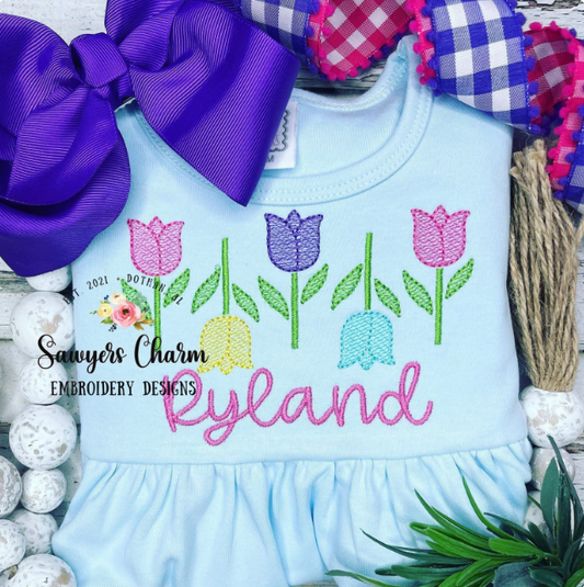 Row of tulips sketch stitch machine embroidery design file, quick stitch, spring flowers, bean and satin stitch