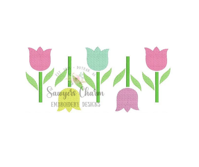 Row of tulips sketch stitch machine embroidery design file, quick stitch, spring flowers, bean and satin stitch