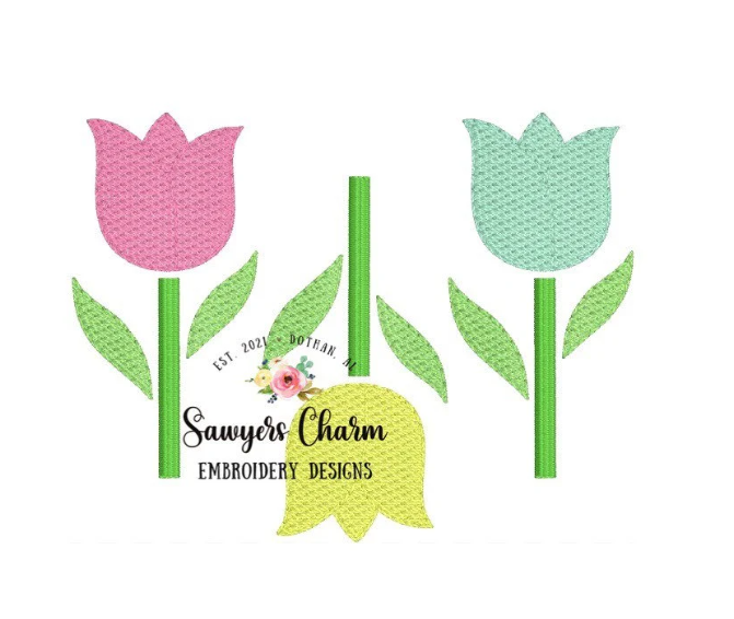 Row of tulips sketch stitch machine embroidery design file, quick stitch, spring flowers, bean and satin stitch