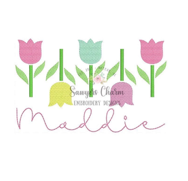 Row of tulips sketch stitch machine embroidery design file, quick stitch, spring flowers, bean and satin stitch