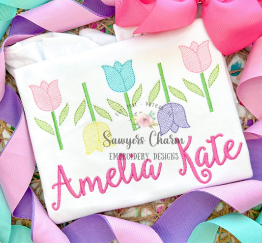 Row of tulips sketch stitch machine embroidery design file, quick stitch, spring flowers, bean and satin stitch